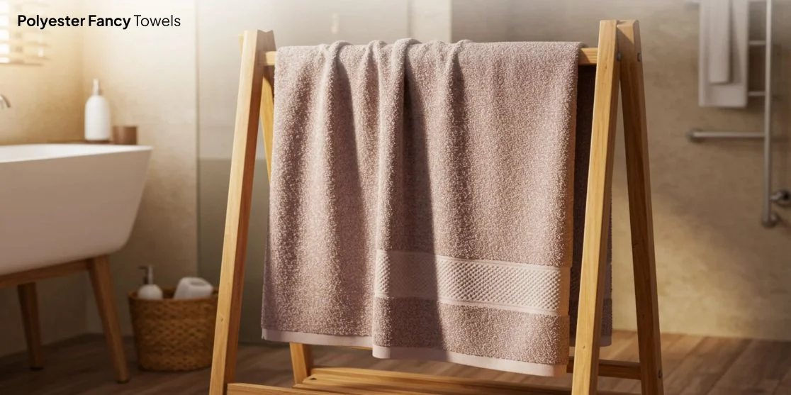 Blush pink towel on wooden rack.